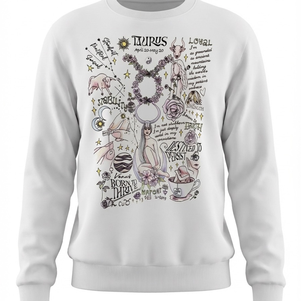 Taurus Graphic Long Sleeve Sweatshirt with Zodiac Illustrations